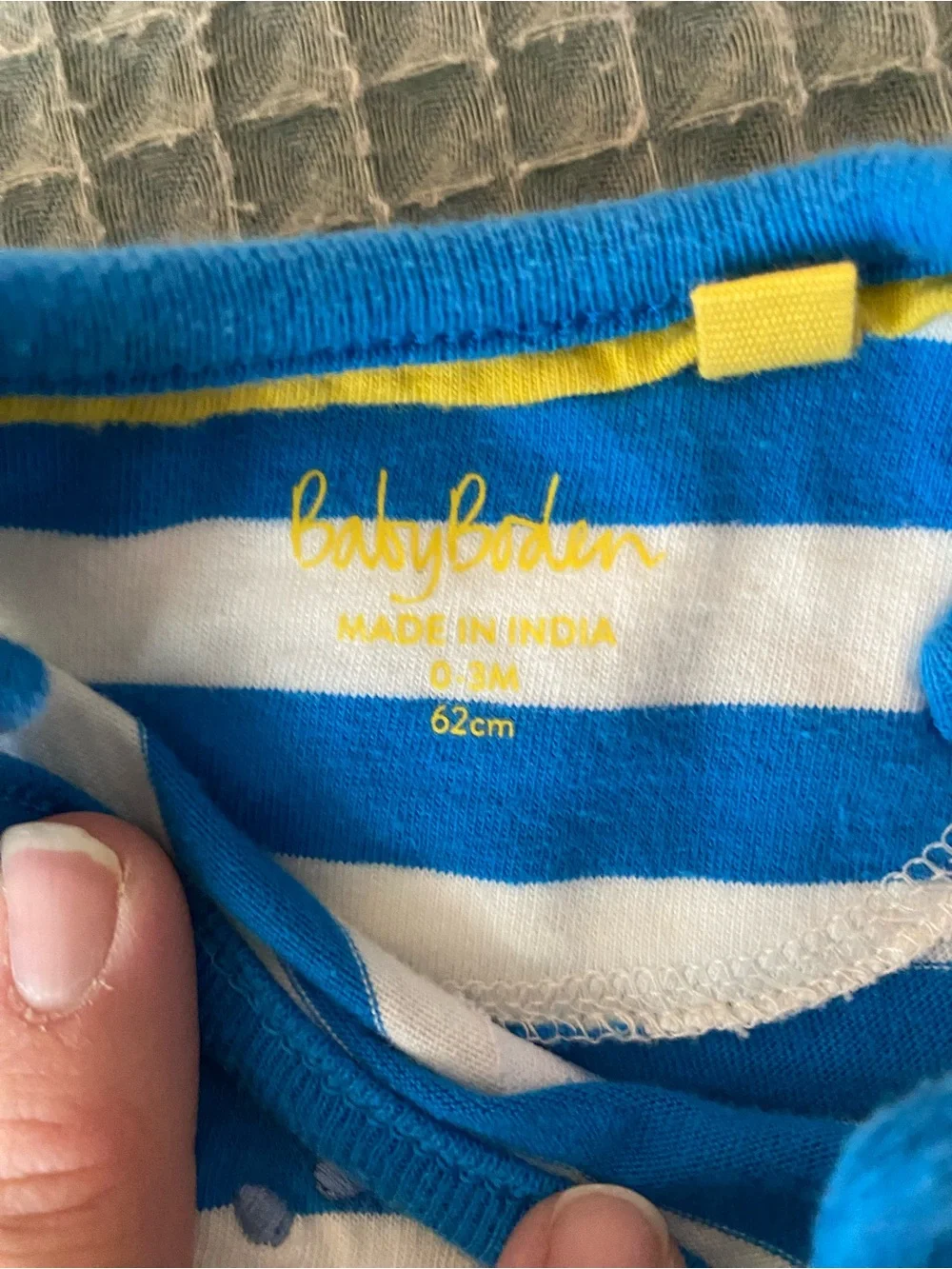 Baby Boden Blue & White Striped One-Piece with Yellow Duck Float Applique